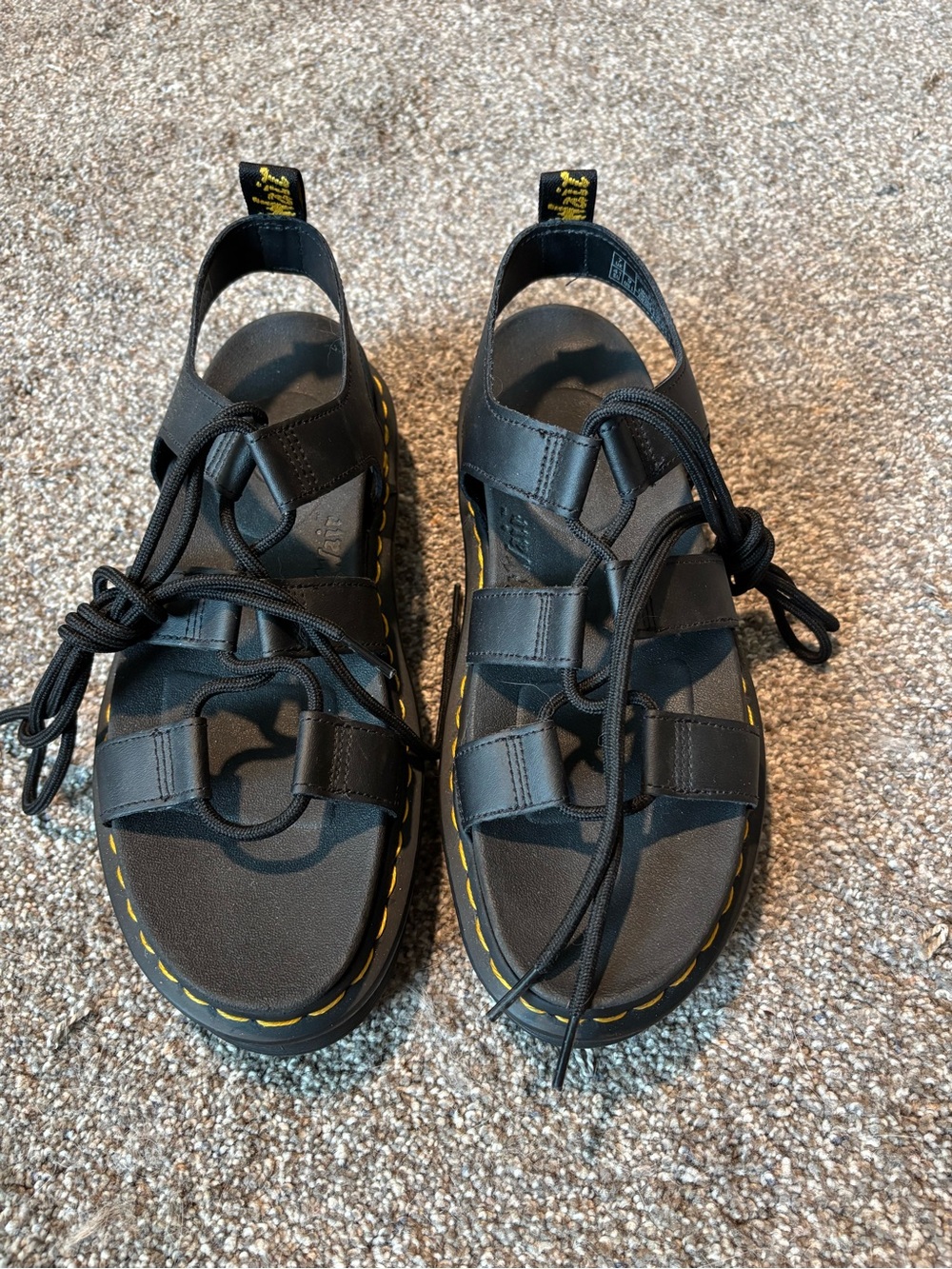 Dr. Martens Black Leather Lace-Up Sandals with Yellow Stitching